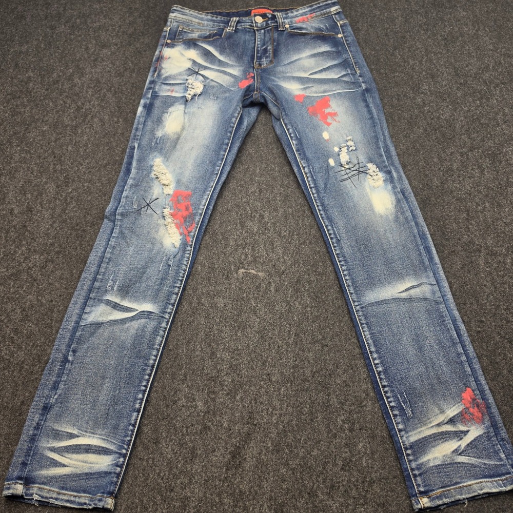 Bleecker & Mercer Jeans Mens 32x32 Blue Distressed Slim Skinny Paint Splatter